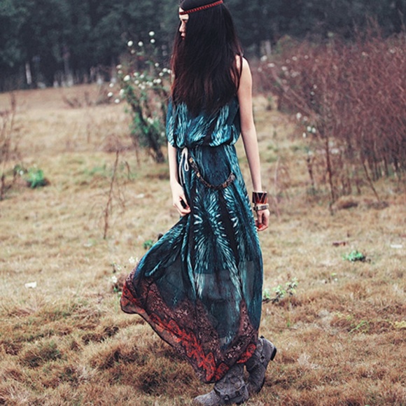 Maxi Halter Dress Bohemian Blue Print S XS - Picture 2 of 8